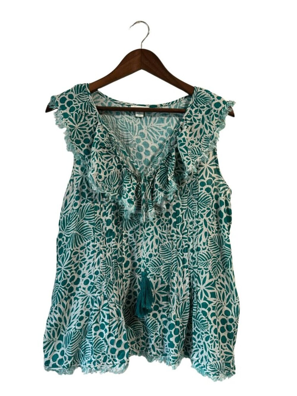 Sundance Teal Floral Boho Ruffle Tassel Peasant Blouse Small